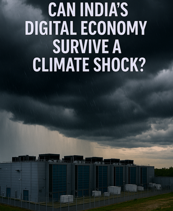 A modern data center complex stands beneath dark, stormy clouds and rainfall