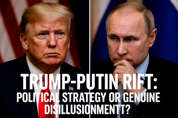 Image shows Donald Trump with a stern expression beside a contemplative Vladimir Putin, each framed by their national flags
