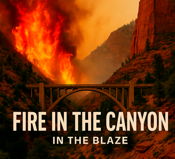 A wildfire blazes near an iconic architectural site in a U.S. national park