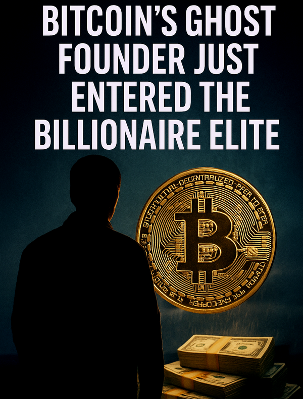 A silhouetted man faces a giant illuminated Bitcoin symbol and stacks of dollar bills, representing the mystery and wealth surrounding Satoshi Nakamoto.