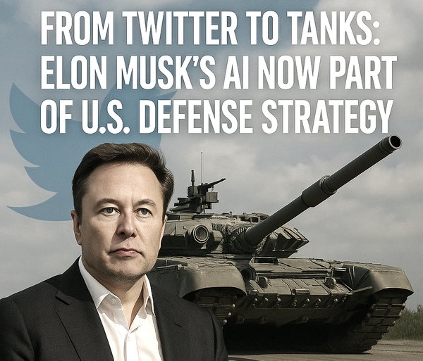 Elon Musk stands in front of a U.S. military tank and a large Twitter logo under a partly cloudy sky.