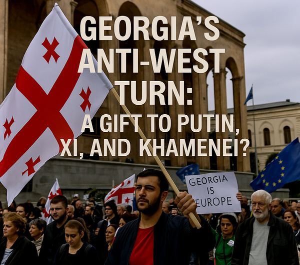 A large crowd of Georgian citizens protesting in the streets, waving national flags and holding signs opposing government policies.