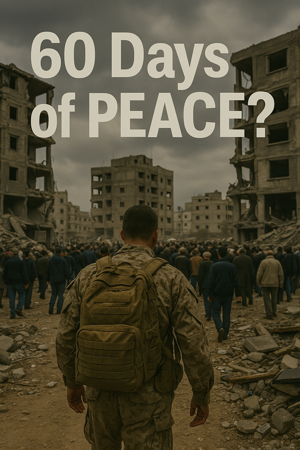 A soldier walks toward a crowd in a bombed-out city as dark clouds loom overhead.