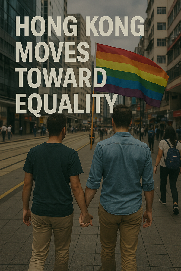 Two men holding hands with a pride flag in Hong Kong’s urban center, representing support for LGBTQ+ rights.
