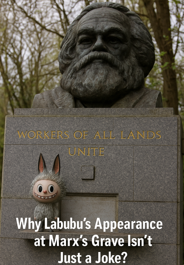 Labubu figurine sits on Karl Marx’s gravestone in Highgate Cemetery, merging pop culture with political symbolism.