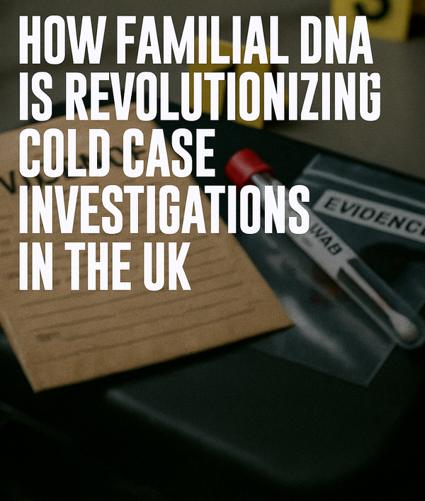 A crime scene-themed visual with evidence markers, a DNA swab, and labeled evidence bags, representing forensic breakthroughs in cold case investigations.