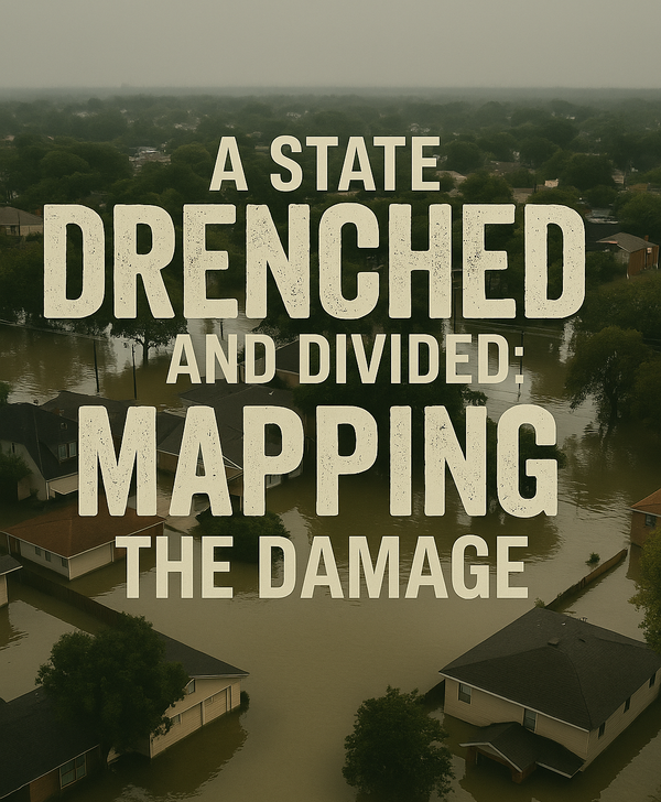 Aerial photograph showing submerged neighborhoods, roads, and vehicles in Texas after record-breaking flash floods.