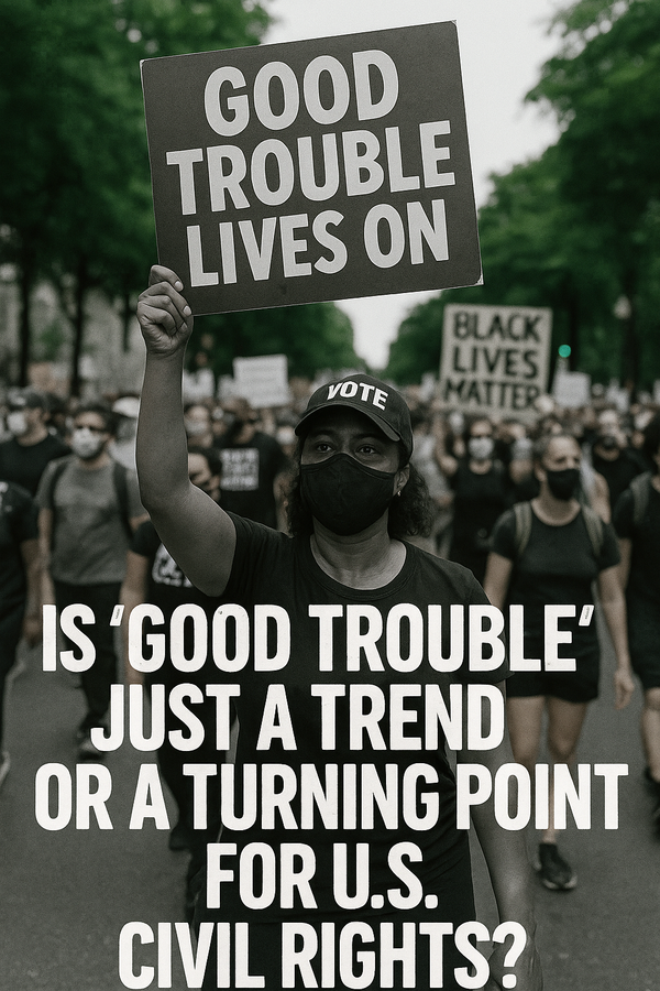 A Black woman wearing a mask and a “VOTE” cap raises a “GOOD TROUBLE LIVES ON” sign amid a masked protest crowd holding Black Lives Matter banners.