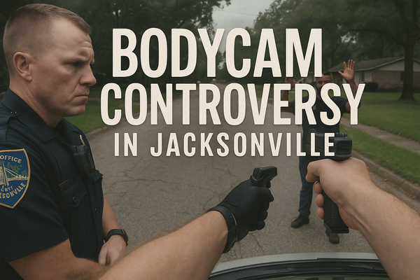 Image showing a Jacksonville police officer and a bodycam view of a suspect with raised hands, symbolizing controversy over police tactics.