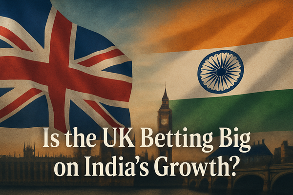 Image featuring the UK and Indian flags with Big Ben and Indian skyline silhouettes beneath