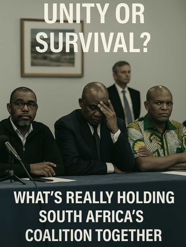 South African political leaders sit at a tense press conference with one covering his face, under the headline "Unity or Survival?"