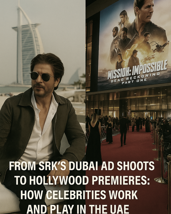 Split image showing Shah Rukh Khan in Dubai and a Hollywood red carpet premiere, symbolizing UAE's rise as a celebrity hotspot
