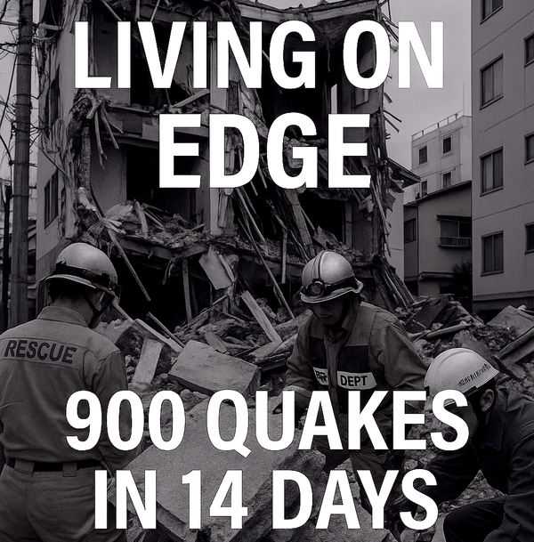 Emergency responders in helmets and uniforms search through rubble of a collapsed building in Japan following a major earthquake swarm.