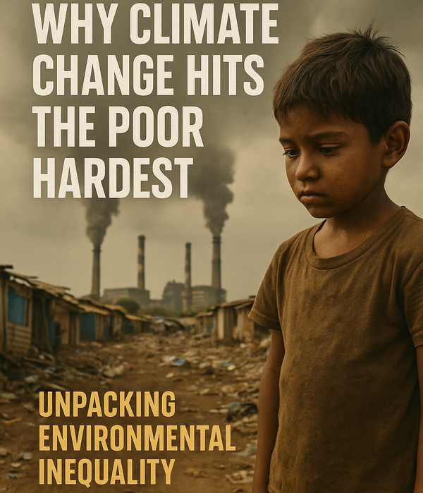 A somber child stands in a polluted slum with factory smoke stacks looming in the background, highlighting the stark impact of environmental degradation on impoverished communities. 