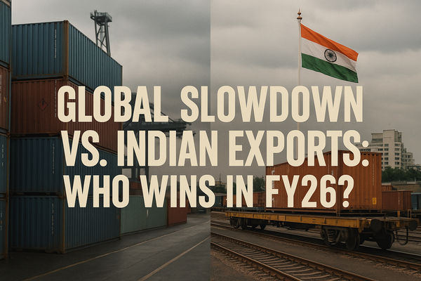 A split image showing stacked shipping containers at a global port on one side and an Indian freight train carrying containers with the national flag on the other.