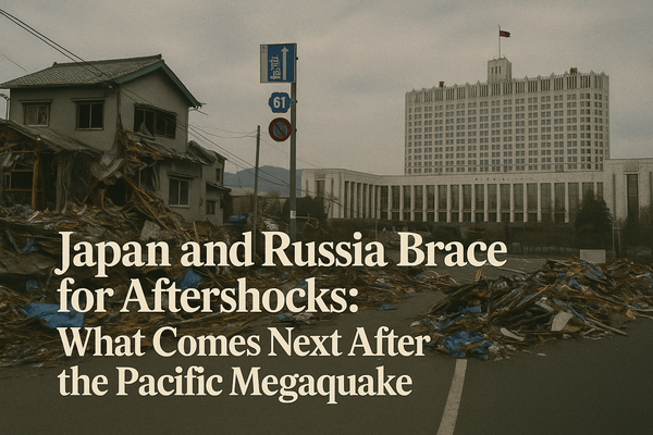 Image showing earthquake destruction in Japan with a collapsed building and debris-strewn street, alongside a Russian government building under an overcast sky.