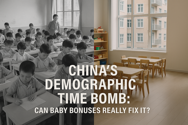 A split image showing a crowded vintage Chinese classroom on the left and a modern, empty daycare center on the right, illustrating population decline.