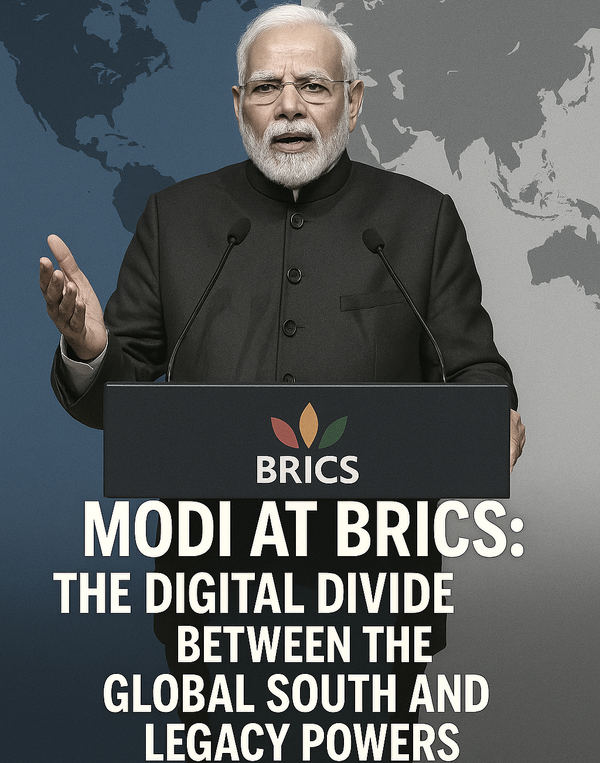 PM Modi speaking at the BRICS 2025 podium with a world map backdrop, emphasizing digital inequality between emerging economies and legacy powers.
