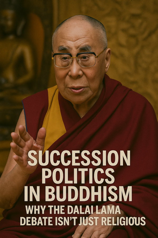 His Holiness the Dalai Lama in traditional maroon and yellow robes, gesturing thoughtfully during a talk, with overlaid text about Buddhist succession politics and global tensions.