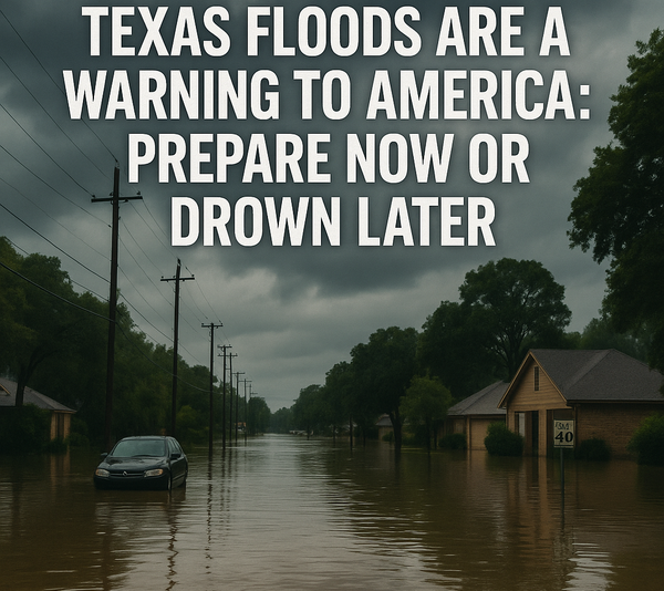 A flooded suburban street in Texas with submerged cars and homes under dark stormy skies, illustrating the impact of climate change on extreme weather events.