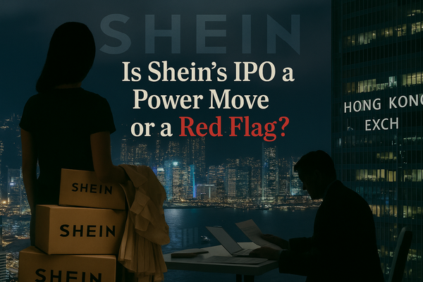 A woman stands beside Shein-branded boxes with a view of Hong Kong’s skyline, while a silhouetted man reviews IPO documents—highlighting Shein’s controversial stock market ambitions.