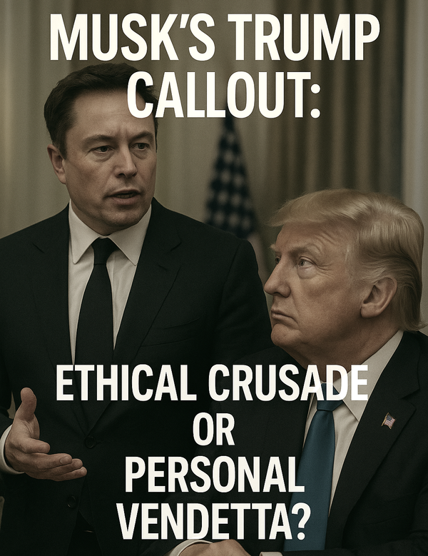 Elon Musk speaking assertively while Donald Trump listens in a tense meeting setting, with bold headline text framing their escalating political feud.