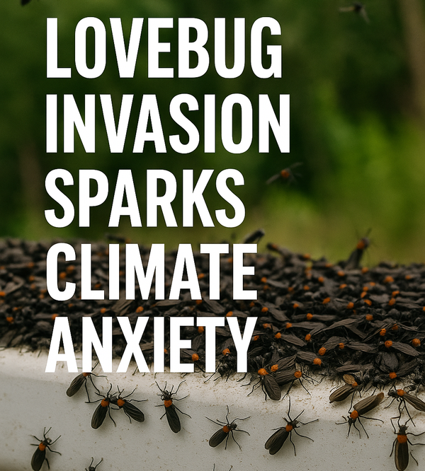 A close-up of dozens of lovebugs swarming a white surface outdoors.