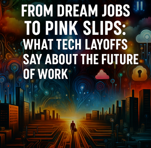 A futuristic digital artwork showing a lone figure walking through a circuit-like cityscape toward a glowing horizon, with abstract tech symbols in the sky