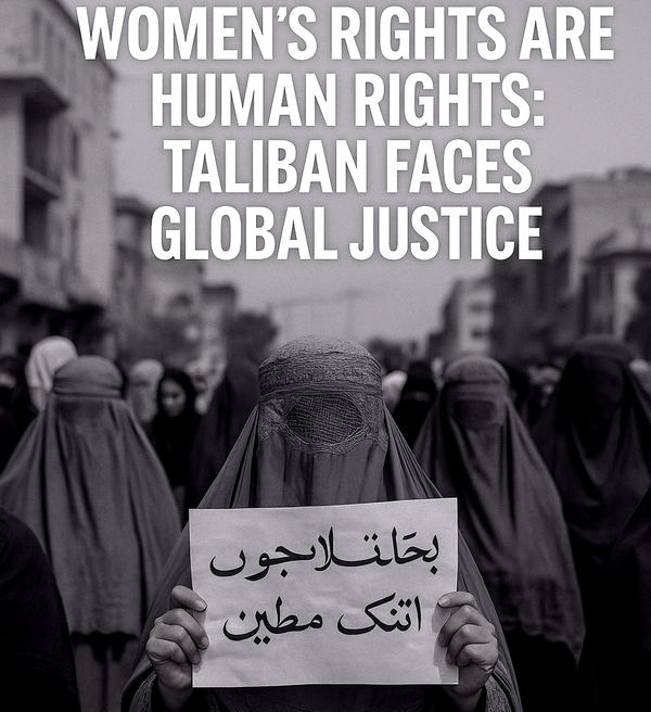 Afghan women in blue and brown burqas march in protest, with one woman holding a sign in Arabic 