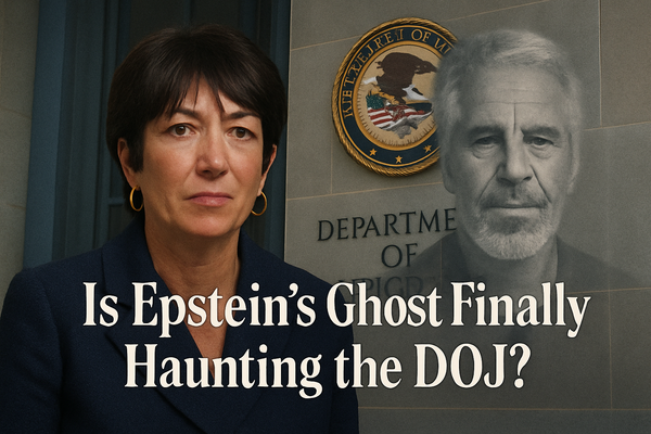 Image featuring Ghislaine Maxwell in front of the U.S. Department of Justice seal, with a ghostly image of Jeffrey Epstein beside her. 