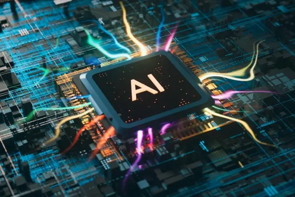 Close-up illustration of a glowing AI microchip on a circuit board, with colorful energy streams symbolizing artificial intelligence powering digital innovation.