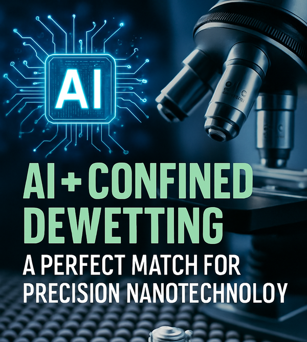 A futuristic lab scene with AI circuitry, a microscope, and a nanostructured surface illustrates the role of AI and confined dewetting in advancing precision nanotechnology.