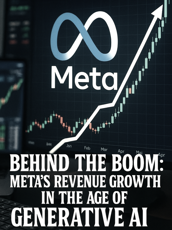 A digital stock chart with the Meta logo and upward arrow highlights Meta’s Q2 2025 revenue growth in the age of generative AI.