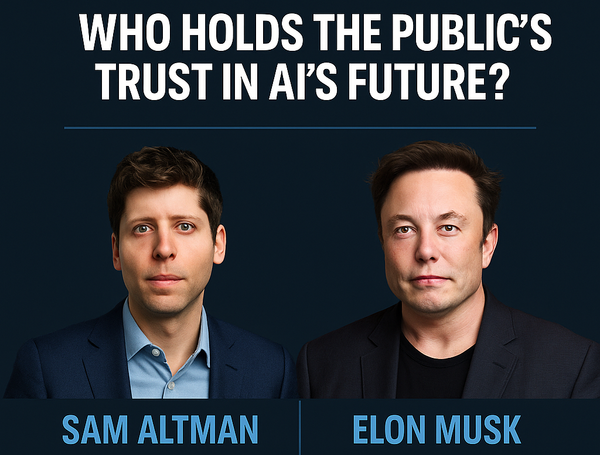 Infographic titled “Who holds the public’s trust in AI’s future?” featuring portraits of Sam Altman (left) and Elon Musk (right)