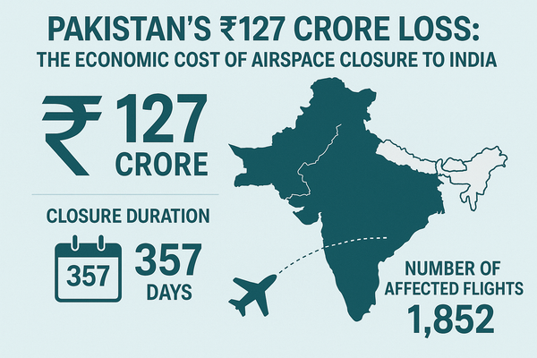 Infographic showing Pakistan’s ₹127 crore loss from closing its airspace to India for 357 days, affecting 1,852 flights, with a map of India and an airplane icon.
