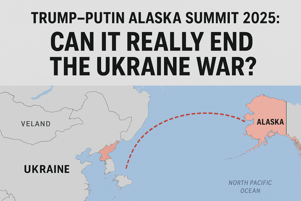 Political map graphic, showing Alaska and part of eastern Russia connected by a dashed red arc over the North Pacific Ocean, with Ukraine labeled far to the west.