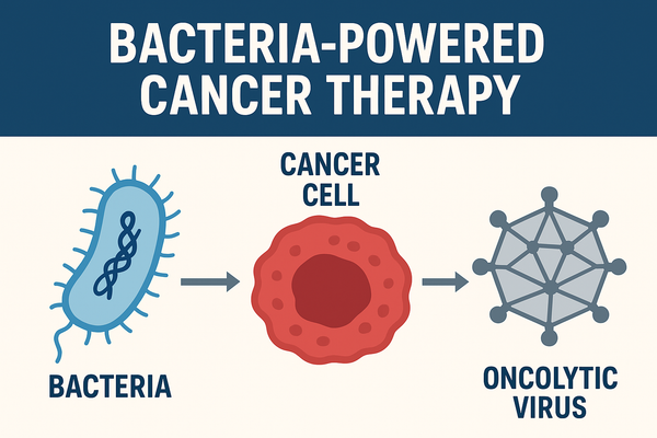 Infographic showing bacteria-powered cancer therapy: bacteria deliver oncolytic viruses into cancer cells to destroy tumors.