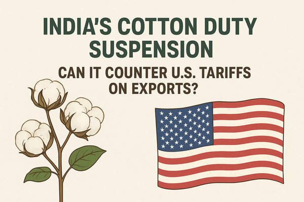 Infographic with cotton plant illustration and U.S. flag, featuring the headline: 'India's Cotton Duty Suspension: Can it counter U.S. tariffs on exports?