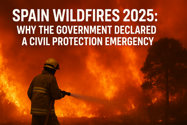 A firefighter sprays water at massive wildfire flames, with bold text reading “Spain Wildfires 2025: Why the Government Declared a Civil Protection Emergency.”