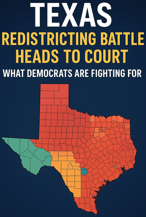 Infographic of Texas map showing counties in different colors, highlighting the political redistricting battle and court fight over representation.