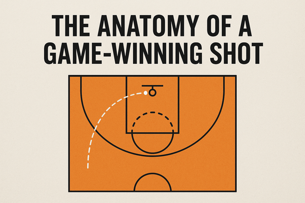 Minimalist basketball court illustration with a dotted arc showing the trajectory of a game-winning shot, labeled 'The Anatomy of a Game-Winning Shot' at the top.