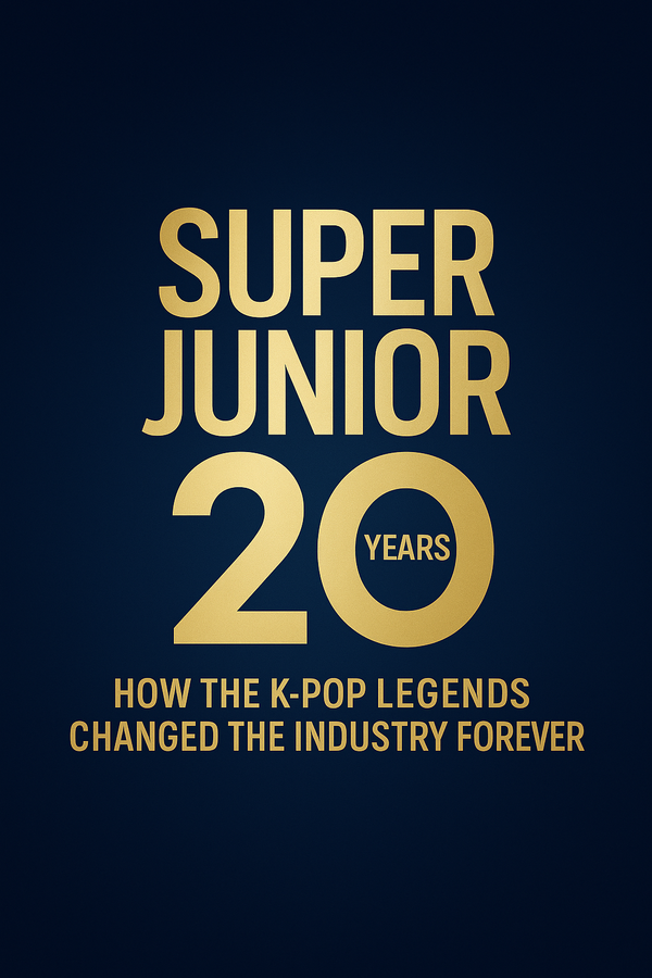 Super Junior 20th anniversary poster with bold gold typography on a dark blue background, reading ‘Super Junior 20 Years – How the K-Pop Legends Changed the Industry Forever.