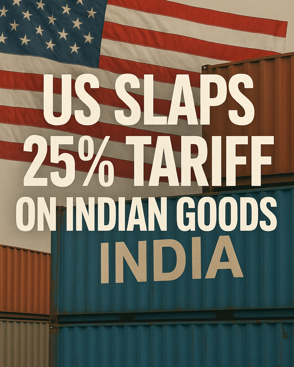 An image featuring shipping containers, cargo cranes, and flags of India and the U.S., symbolizing rising trade tensions.