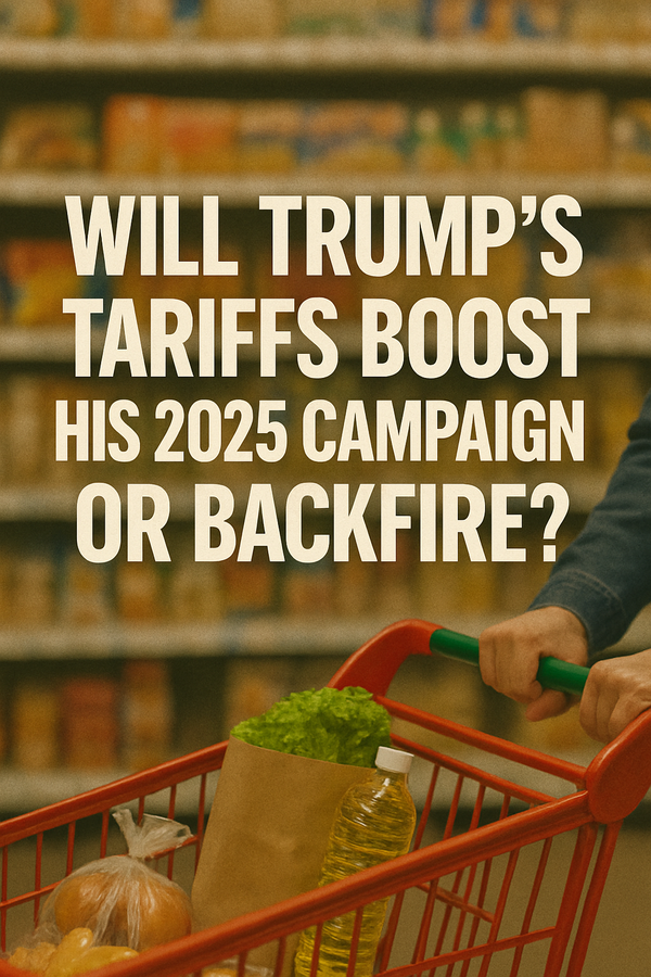 An image of an American grocery store aisle with rising prices and a U.S. flag subtly blended in, symbolizing economic strain from tariff policies.     