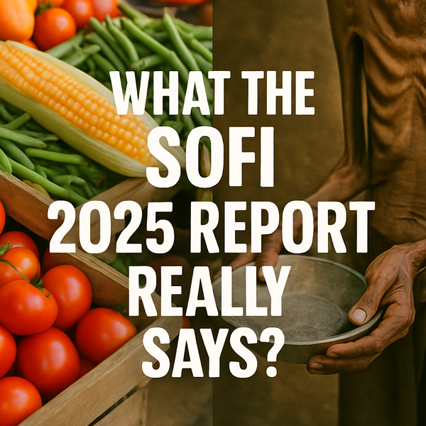 A split image showing fresh vegetables like tomatoes, corn, and green beans on the left, and an emaciated person holding an empty metal bowl on the right.