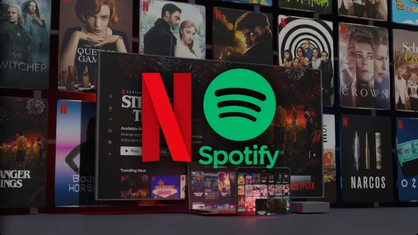 Netflix and Spotify logos displayed together over a backdrop of Netflix shows.