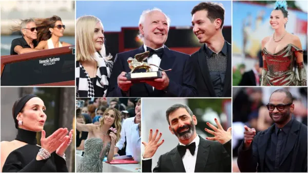 A dynamic collage from The Wrap featuring Cate, Tilda Swinton, George Clooney, and other stars on the "La Grazia" premiere red carpet