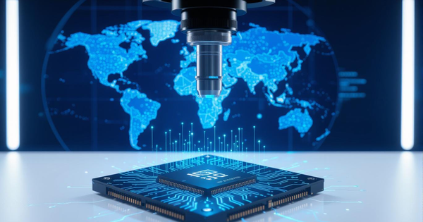 A semiconductor chip under a microscope with a glowing digital world map in the background.
