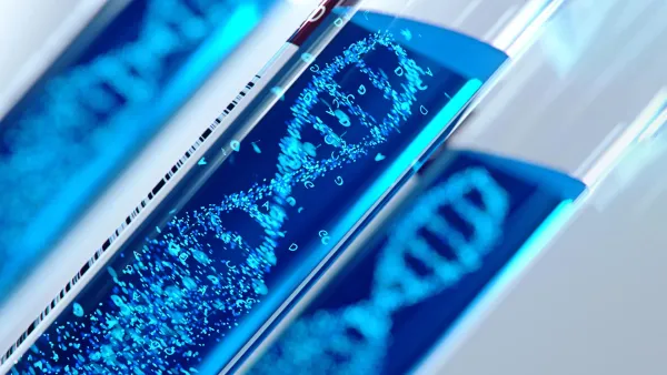 Close-up digital illustration of DNA double helix structures forming inside transparent test tubes filled with blue liquid.