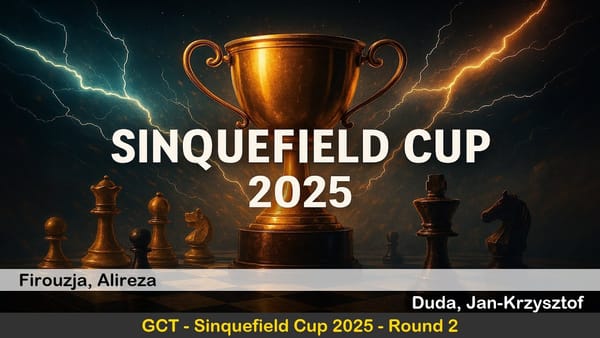 Golden trophy with chess pieces and lightning background representing the Sinquefield Cup 2025, featuring Alireza Firouzja vs Jan-Krzysztof Duda in Round 2.